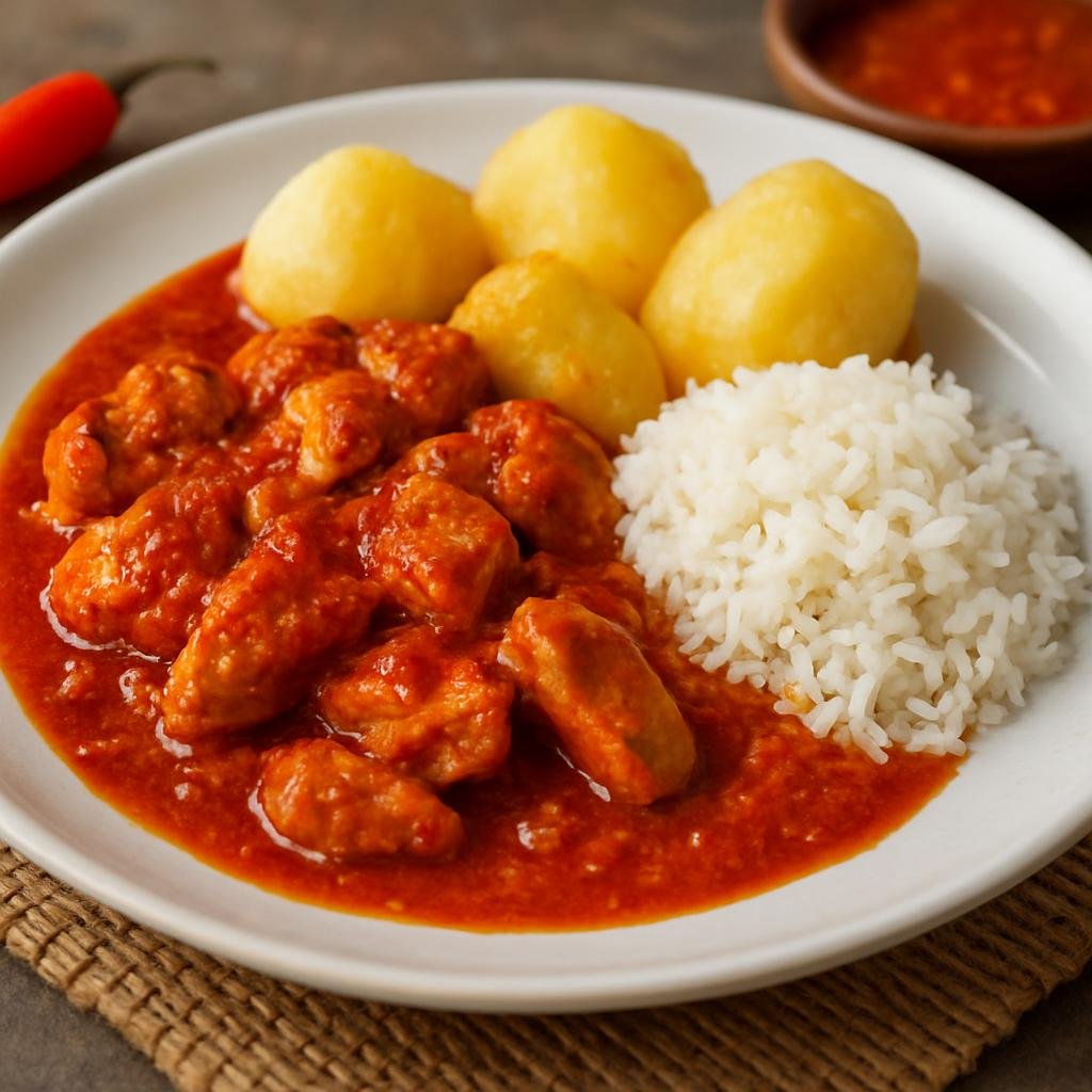 Entree: Bolivia – Picante de Pollo (Bolivian spicy chicken stew cooked in a tomato and aji sauce, served with potatoes and rice) recipe