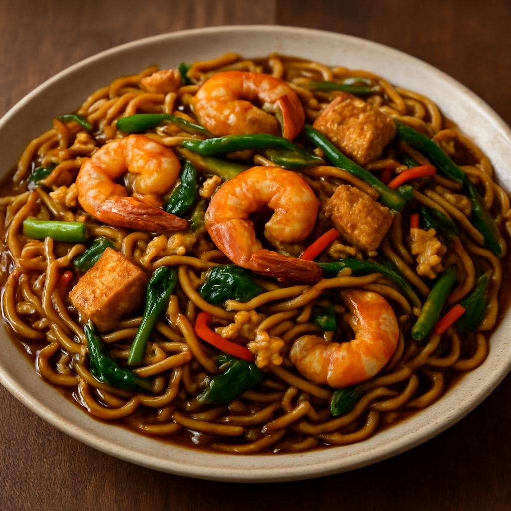 Entree: Christmas Island – Central Culinary Region – Mee Goreng (Stir-fried yellow wheat noodles with vegetables, egg, tofu, shrimp, and a sweet-spicy soy-tamarind sauce) recipe