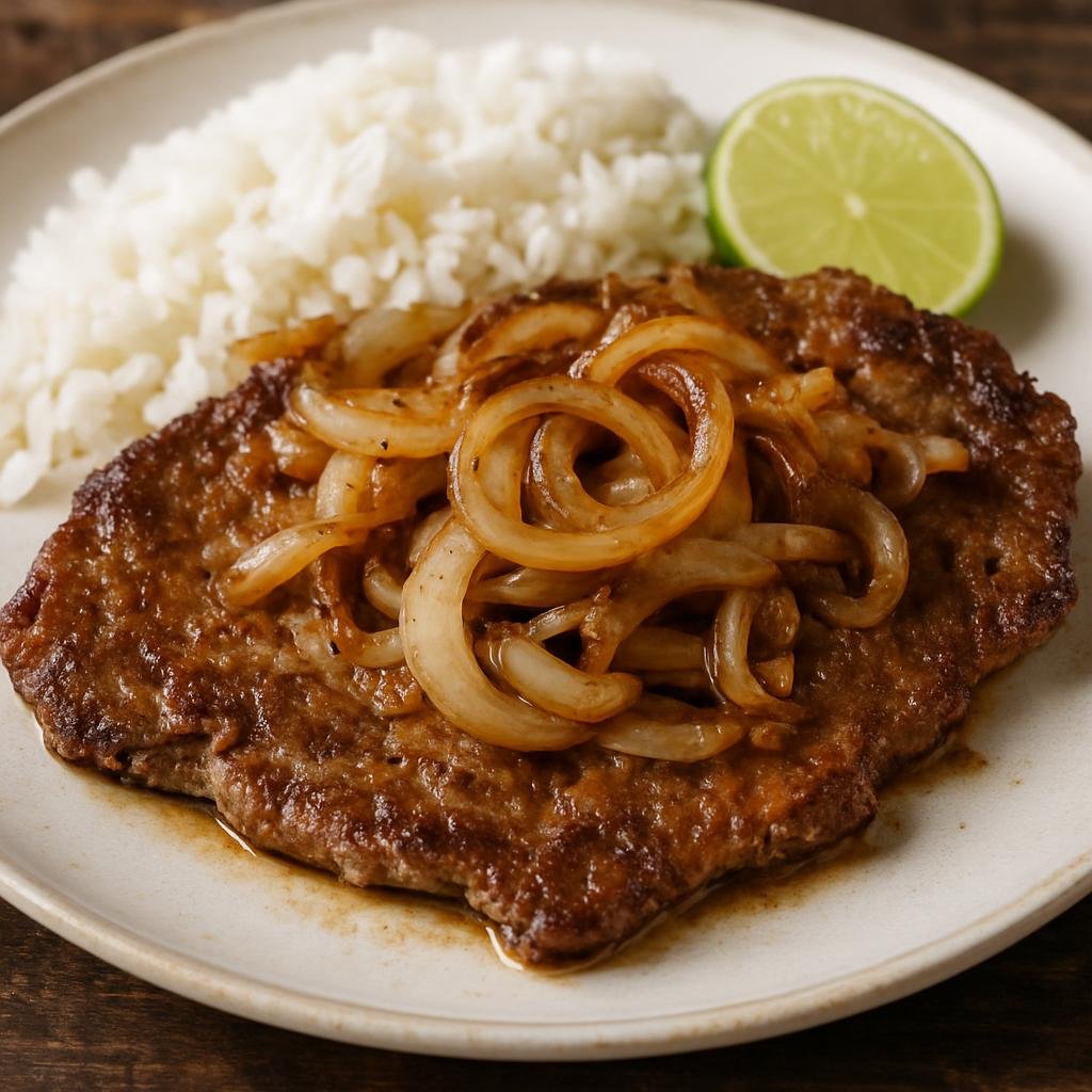 Entree: Cuba – Central Culinary Region – Bistec de Palomilla (Thin Cuban garlic-and-citrus marinated steak quickly pan-fried and served with sautéed onions) recipe