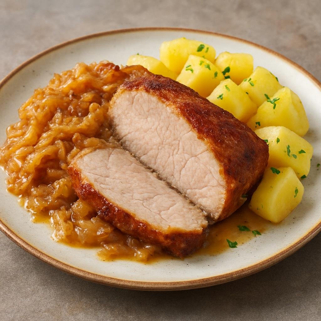 Entree: Estonia – Central Culinary Region – Seapraad (Traditional Estonian roasted pork served with braised onions and potatoes) recipe