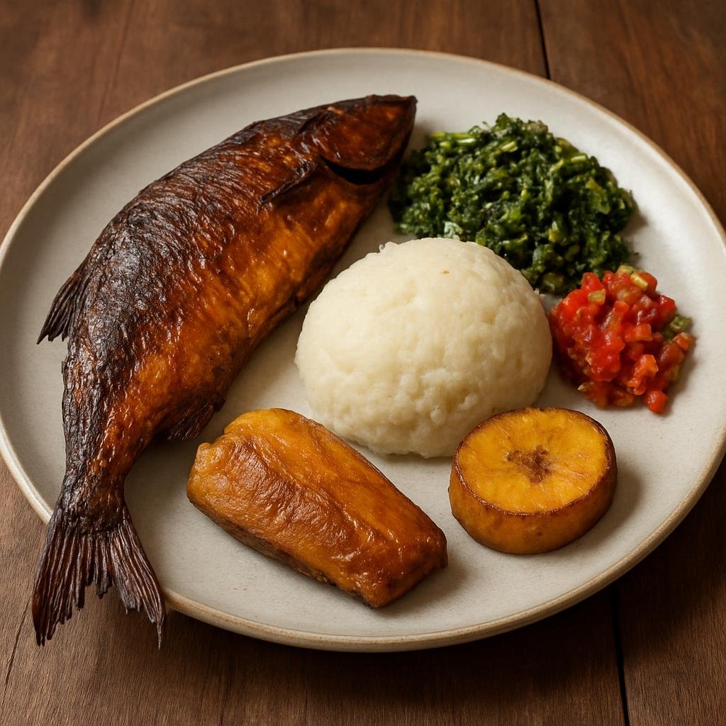 Entree: Gabon – Central Culinary Region – Poisson Fumé (Smoked whole or filleted fish prepared by salting and smoking, served with starchy sides and condiments) recipe