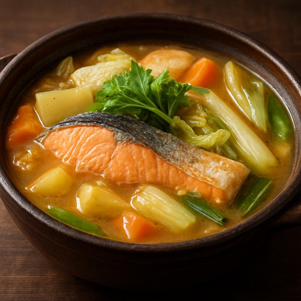 Entree: Japan – Hokkaido – 石狩鍋 ➤ Ishikari nabe (Hokkaido-style miso hot-pot of salmon and winter vegetables) recipe