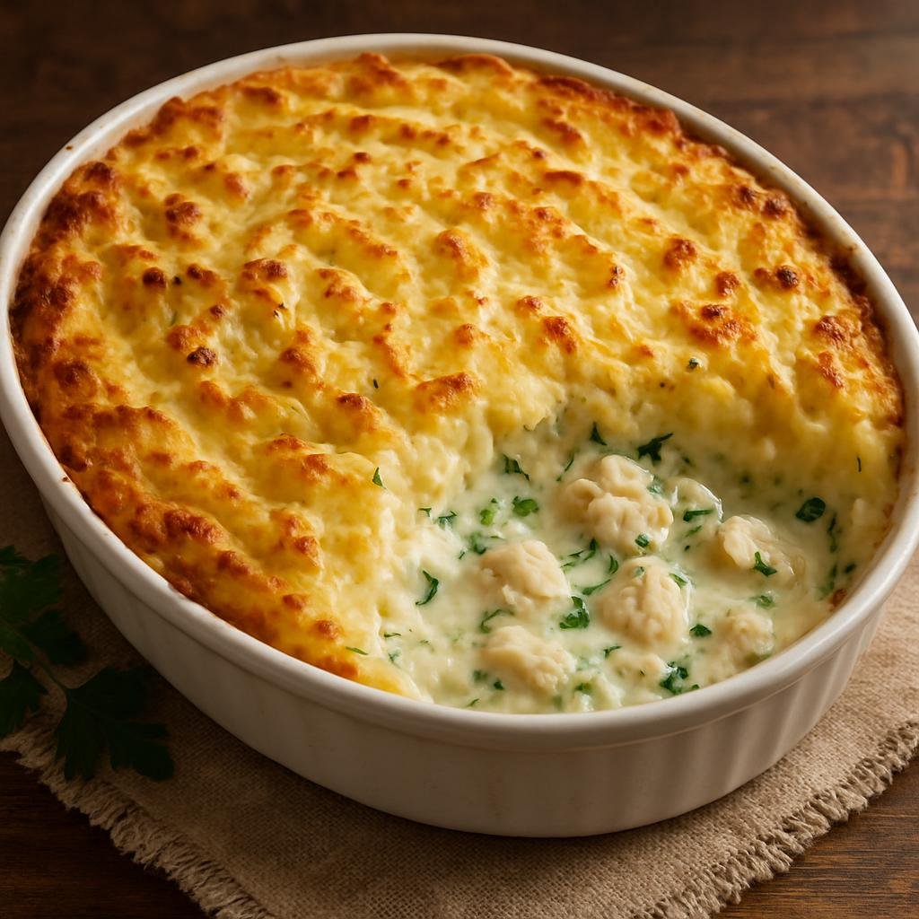 Entree: Isle of Man – Manx Fish Pie (Creamy baked pie of mixed local fish in a parsley white sauce topped with mashed potato) recipe