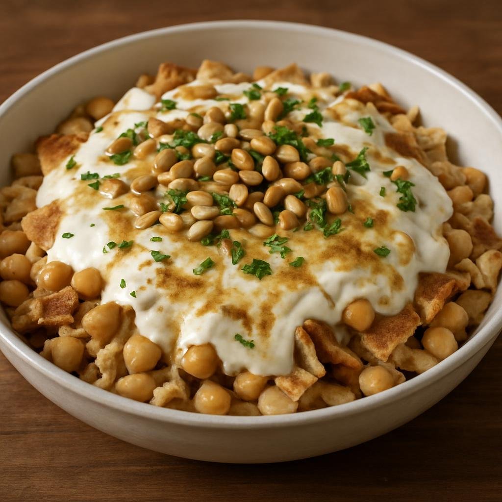 Entree: Jordan – فتّة حمص ➤ Fattet Hummus (Layered chickpea and toasted pita casserole with yogurt, tahini, and browned butter) recipe
