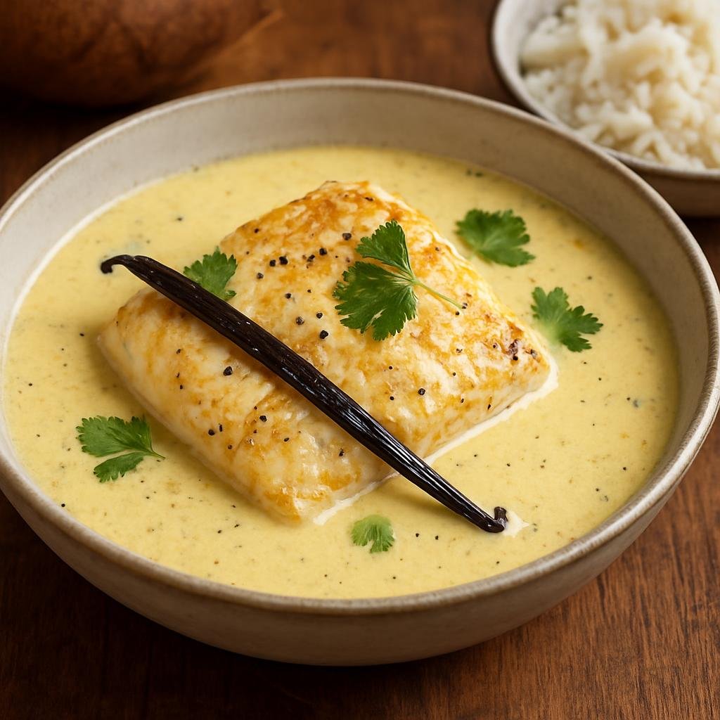Entree: Mayotte – Poisson à la vanille (Fish cooked in a creamy vanilla-scented coconut sauce) recipe