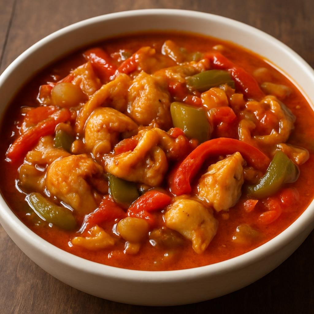 Entree: Montserrat – Conch Creole (Tomato-based Creole stew of tenderized conch with peppers, onions, and Caribbean spices) recipe