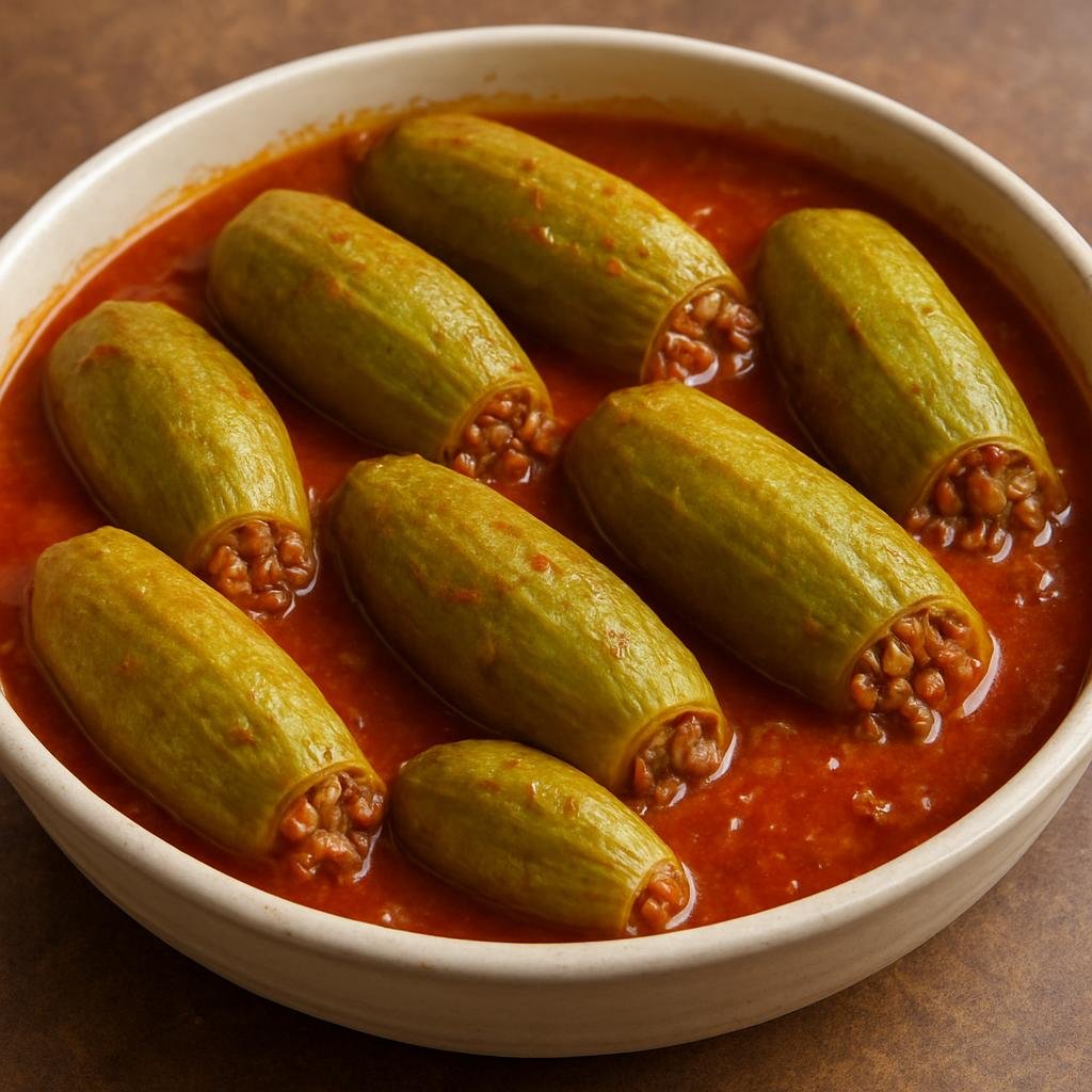 Entree: Qatar – كوسا محشي ➤ Kūsa Maḥshī (Small zucchini stuffed with a spiced rice and lamb mixture, simmered in a seasoned tomato broth) recipe