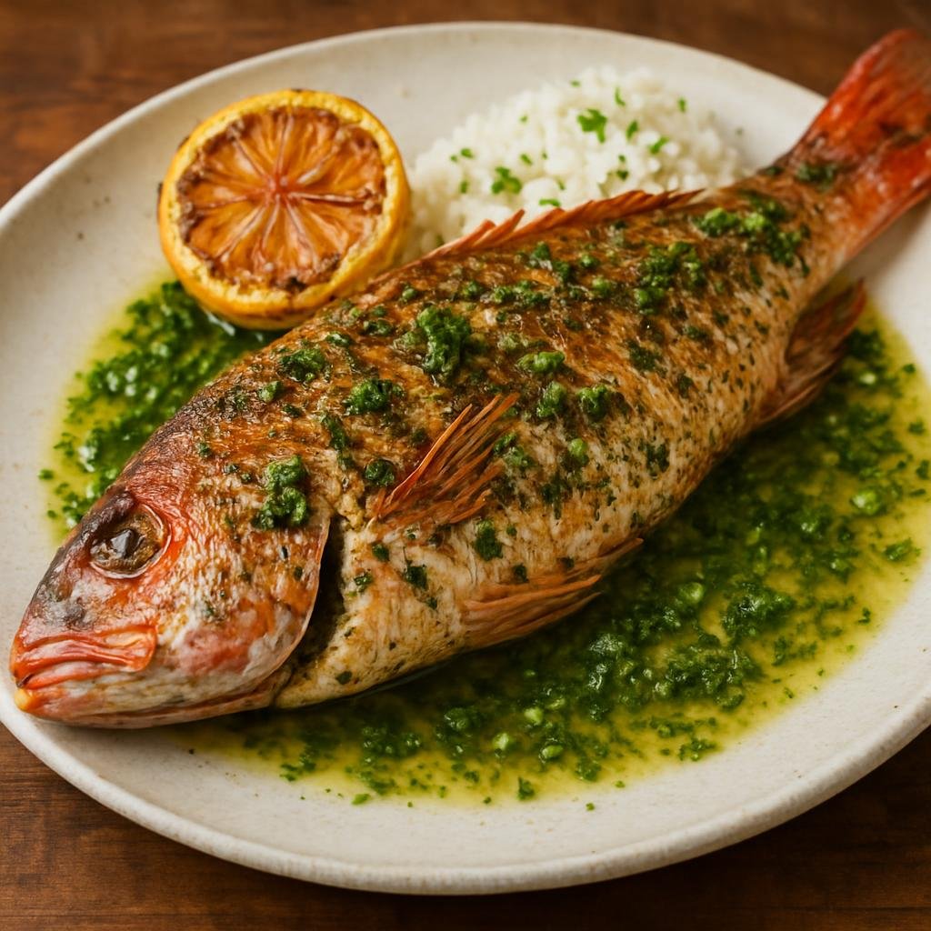 Entree: Saint Martin (French part) – Vivaneau Grillé (Grilled whole red snapper seasoned with Creole-style herbs, garlic, and citrus, finished with a buttery herb basting) recipe