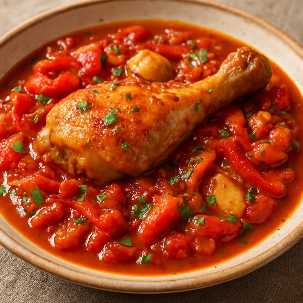 Entree: Saint Pierre and Miquelon – Poulet Basquaise (Basque-style chicken stewed with bell peppers, tomatoes, garlic, and Espelette pepper in a rich, aromatic sauce) recipe