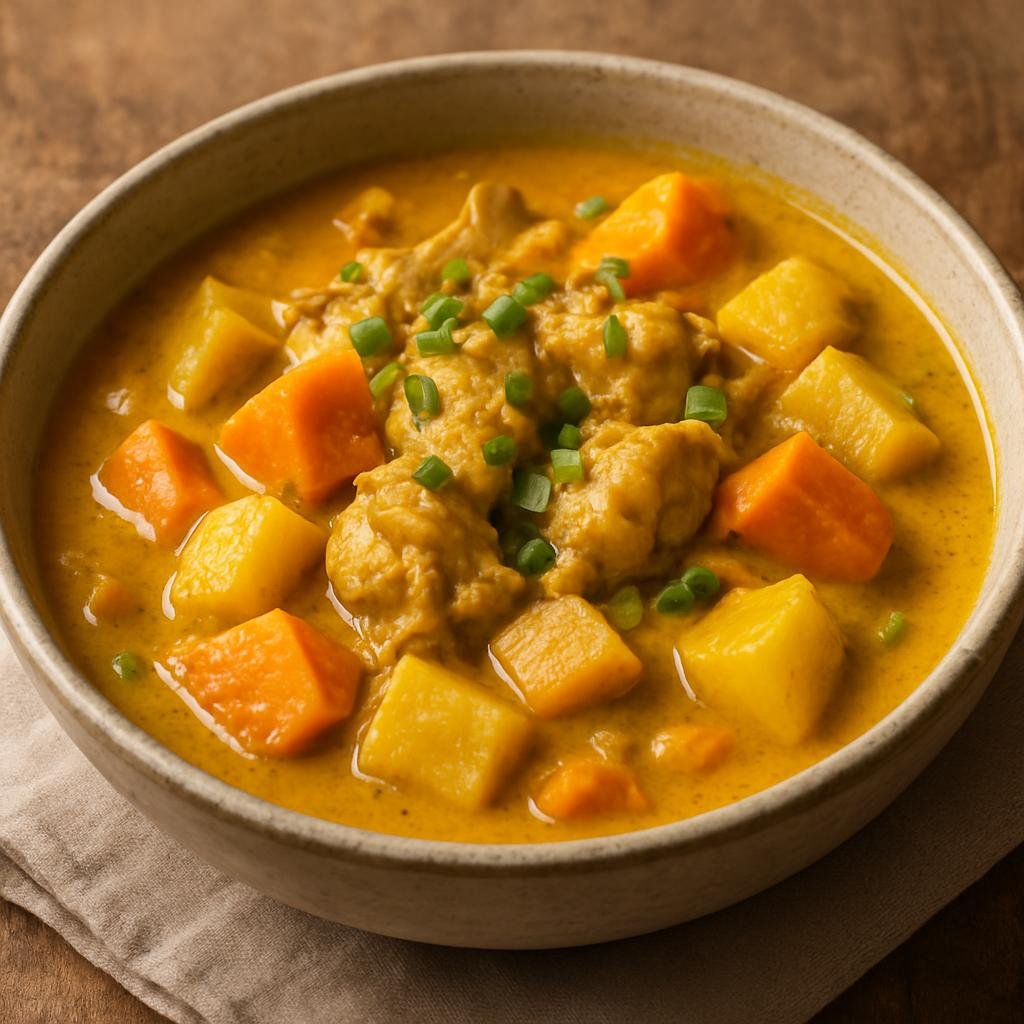 Entree: Vanuatu – Vanuatu Curry (Island-style coconut curry with root vegetables and chicken, flavored with local spices) recipe