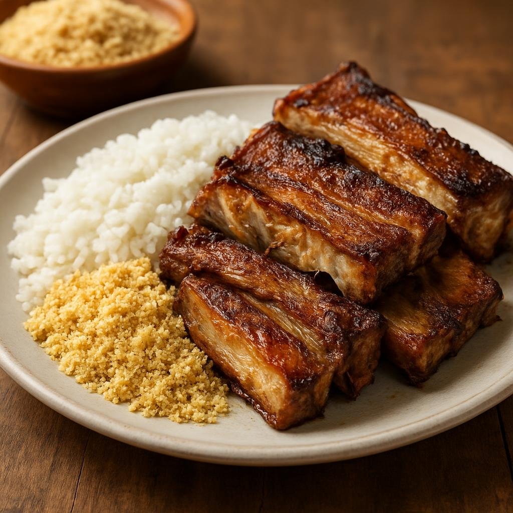 Entree: Brazil – Amazonas – Costela de Tambaqui (Roasted cross-cut ribs of Amazonian tambaqui fish seasoned simply and served with cassava flour and rice) recipe