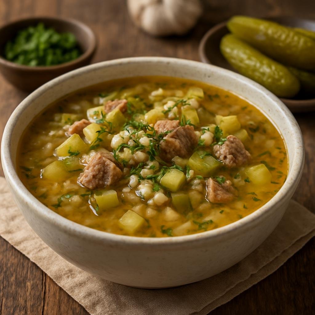 Entree: Russia – Arctic North – Рассольник ➤ Rassol'nik (Pickled cucumber and pearl barley soup with meat) recipe