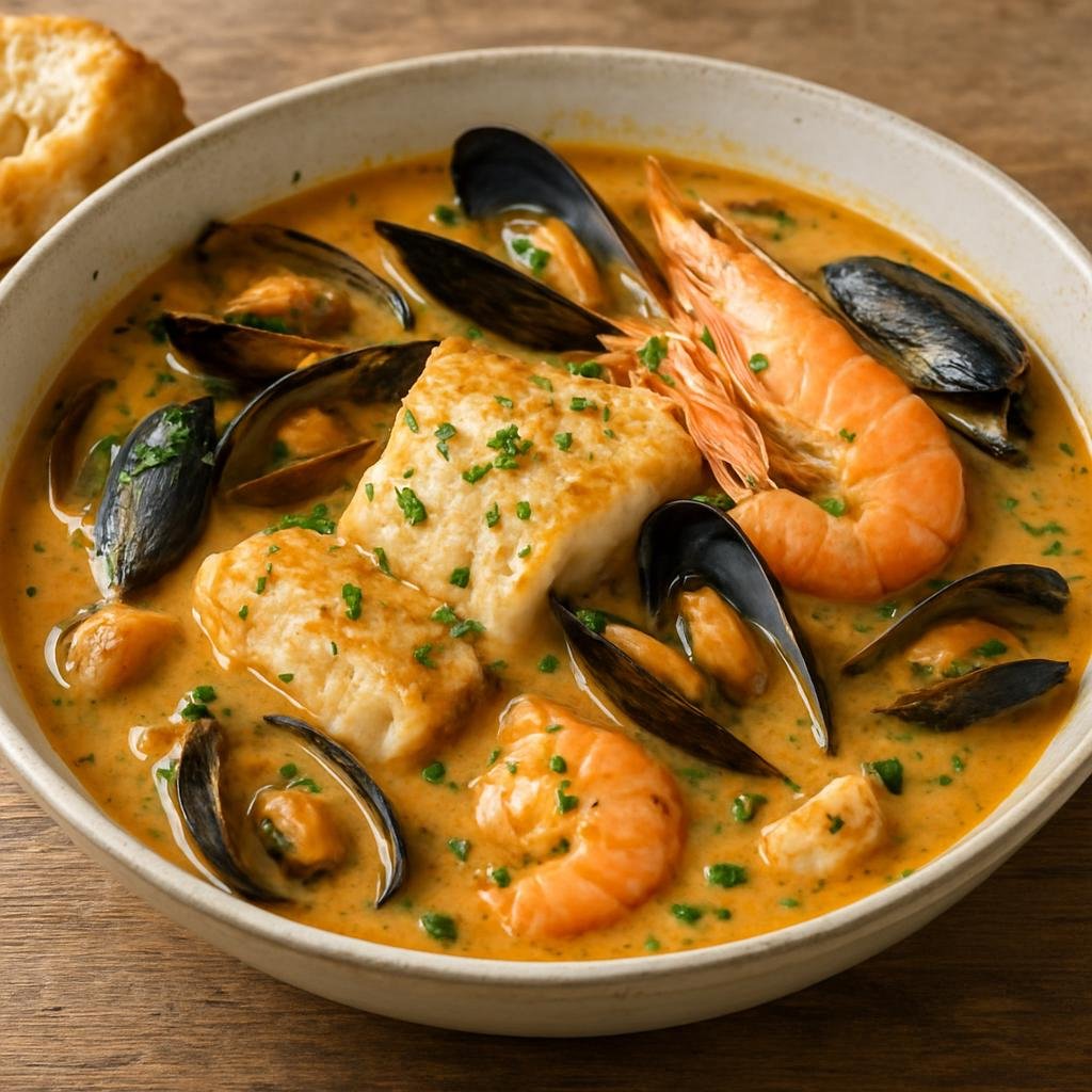 Entree: Belgium – Belgian Coast – Zeebrugge Fish Stew (Hearty Belgian coastal stew of mixed fish and shellfish in a creamy aromatic broth) recipe