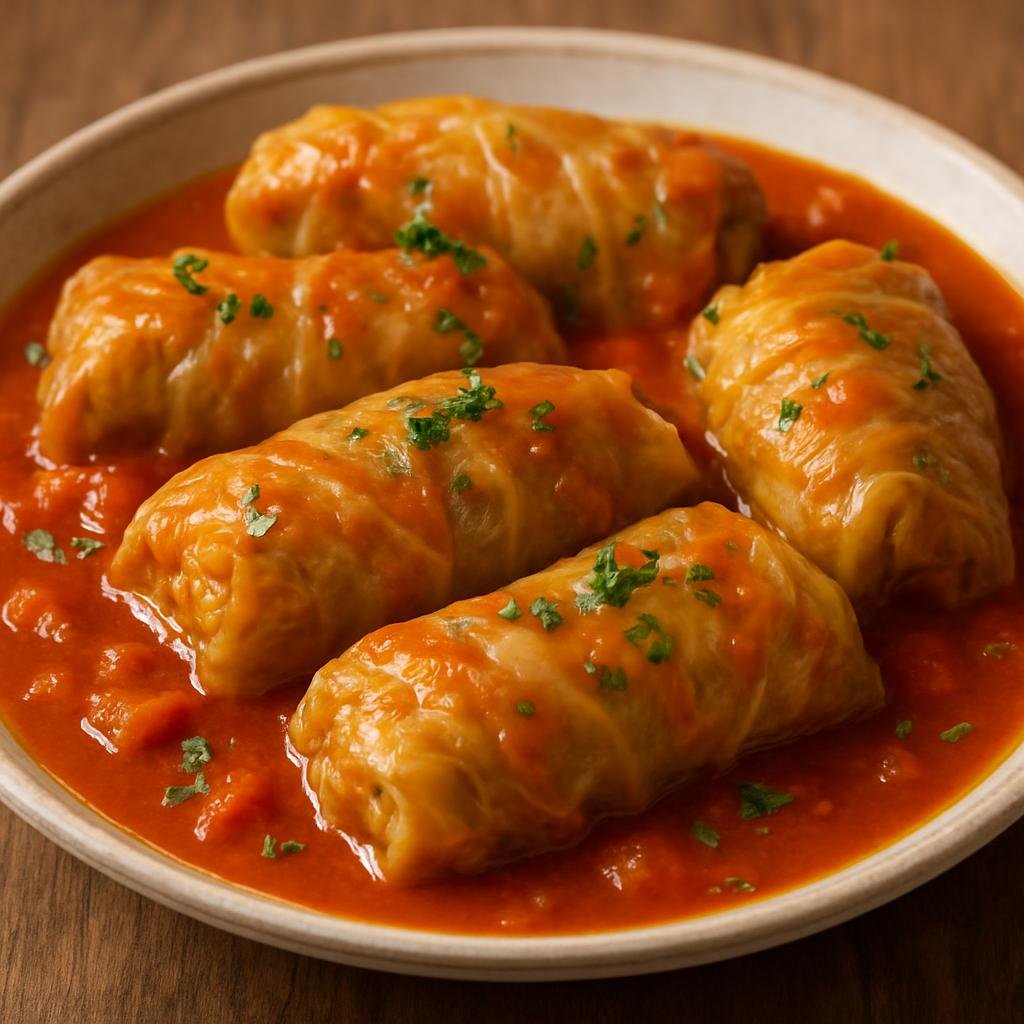 Entree: Finland – Central Culinary Region – Kaalikääryleet (Cabbage leaves stuffed with seasoned minced meat and rice, simmered in a savory tomato-broth) recipe