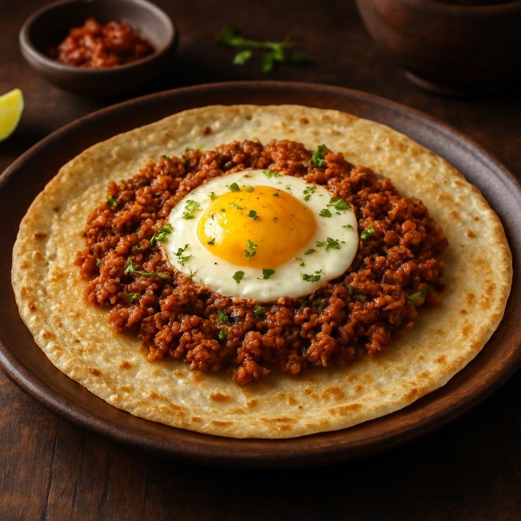 Entree: Nepal – Himalayan Nepal – चटामरी ➤ Chatamari (Newari savory rice crepe traditionally topped with spiced minced meat and egg) recipe