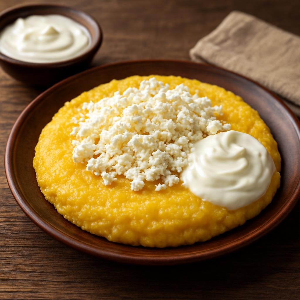 Entree: Romania – Banat – Mămăligă cu brânză și smântână (Thick cornmeal polenta served with salty white cheese and sour cream) recipe