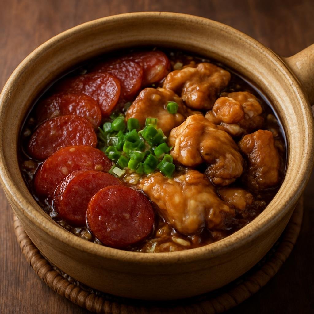 Entree: Singapore – Chinese Singapore – 煲仔飯 ➤ Bāo zǎi fàn (Rice cooked in an earthenware pot with soy-seasoned broth and savory toppings such as Chinese sausage and chicken) recipe