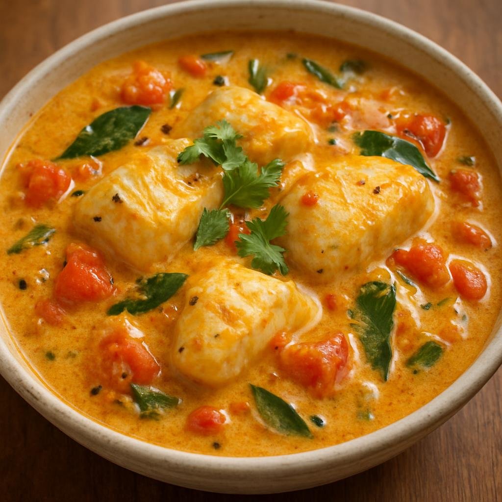 Entree: British Indian Ocean Territory – Central Culinary Region – Fish and Coconut Stew (A creamy island-style fish stew simmered in coconut milk with aromatics, tomatoes, and warm spices) recipe