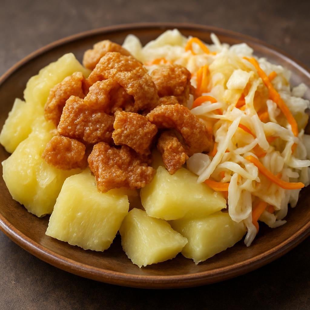 Entree: Costa Rica – Central Culinary Region – Vigorón (Boiled cassava topped with crispy fried pork rind and tangy pickled cabbage) recipe