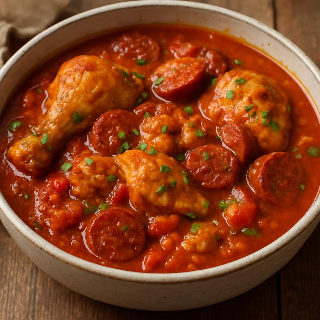 Entree: Gibraltar – Chicken and Chorizo Stew (Hearty tomato-based stew of chicken and spicy cured chorizo) recipe