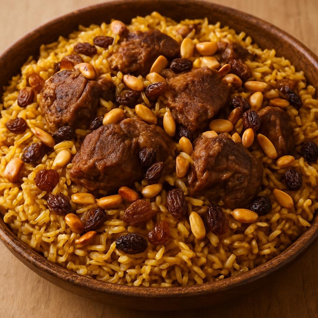 Entree: Kuwait – مماوش ➤ Mumawwash (Kuwaiti spiced lamb and rice one-pot finished with toasted nuts and raisins) recipe