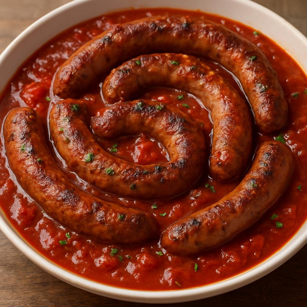Entree: Malta – Maltese Sausage (Traditional Maltese pork sausages seasoned with garlic, black pepper, and island spices, cooked in a tomato-wine sauce) recipe