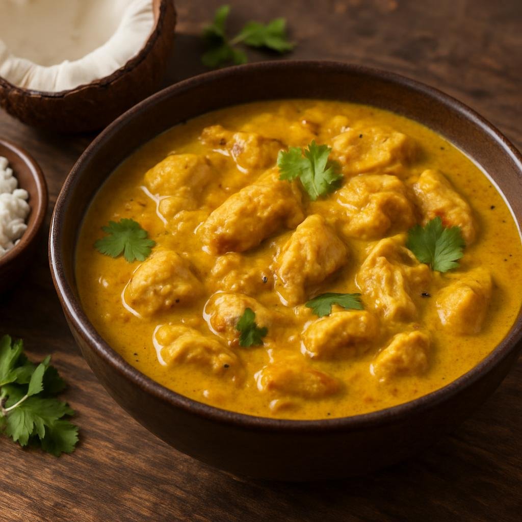Entree: Seychelles – Coconut Chicken Curry (Creamy Seychellois chicken curry simmered in coconut milk with local spices and aromatics) recipe