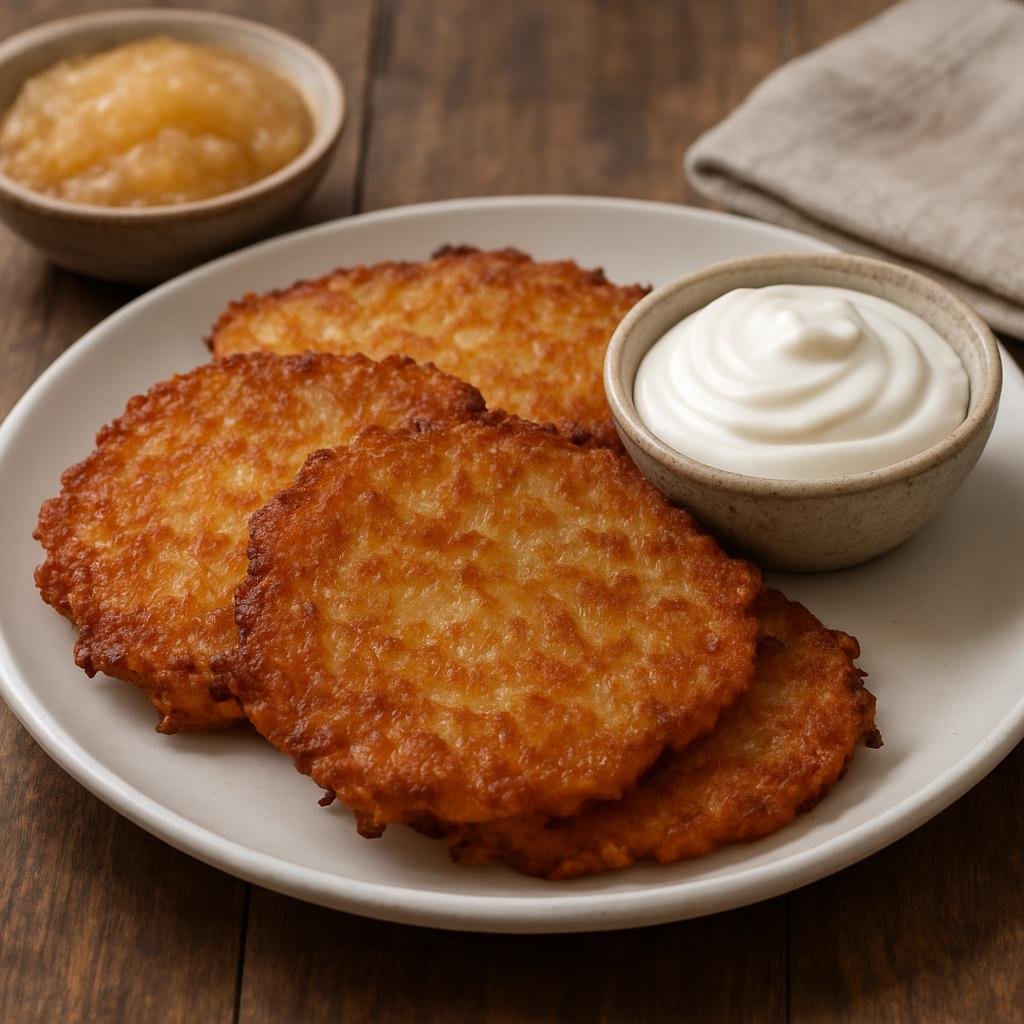 Entree: Poland – Greater Poland – Placki Ziemniaczane (Crisp pan-fried grated potato pancakes commonly served with sour cream or applesauce) recipe