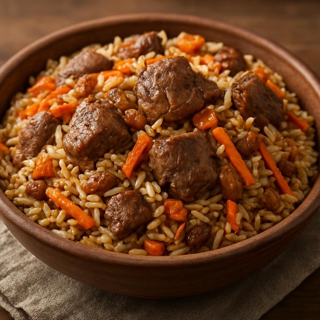 Entree: Afghanistan – Central Culinary Region – پلو با گوشت بره ➤ Polo ba gosht-e bareh (Fragrant rice pilaf cooked with tender lamb, carrots, raisins, and warming spices) recipe