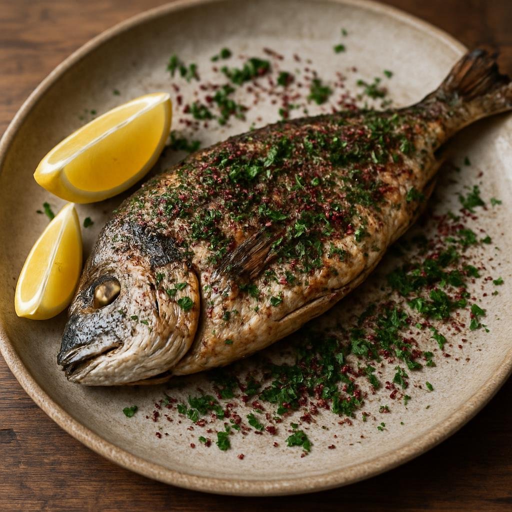 Entree: Azerbaijan – Azeri Northwest – Baliq (Whole pan-grilled or fried fish seasoned with Azerbaijani herbs, lemon and sumac) recipe