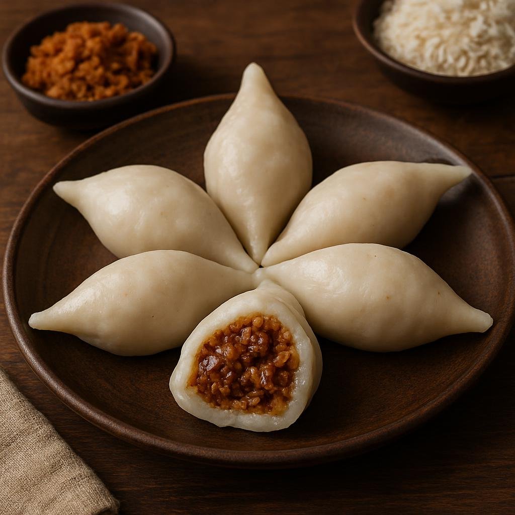 Entree: Nepal – Himalayan Nepal – योमरी ➤ Yomari (Steamed Newar rice-flour dumplings filled with sweet jaggery, sesame, and coconut paste) recipe