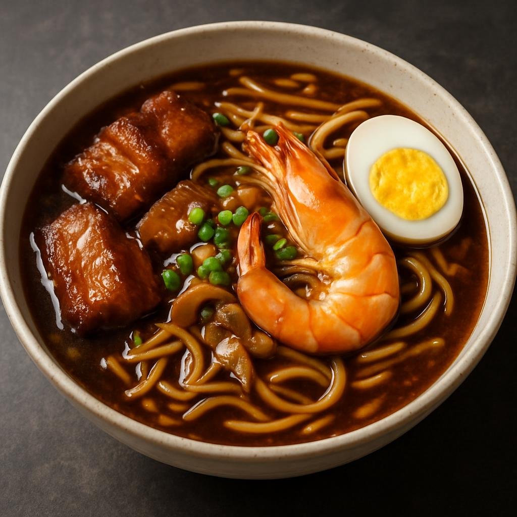 Entree: Singapore – Chinese Singapore – 卤面 ➤ Lǔ miàn (Lor mee) (Thick braised noodles in a starchy savory gravy with braised pork and seafood) recipe