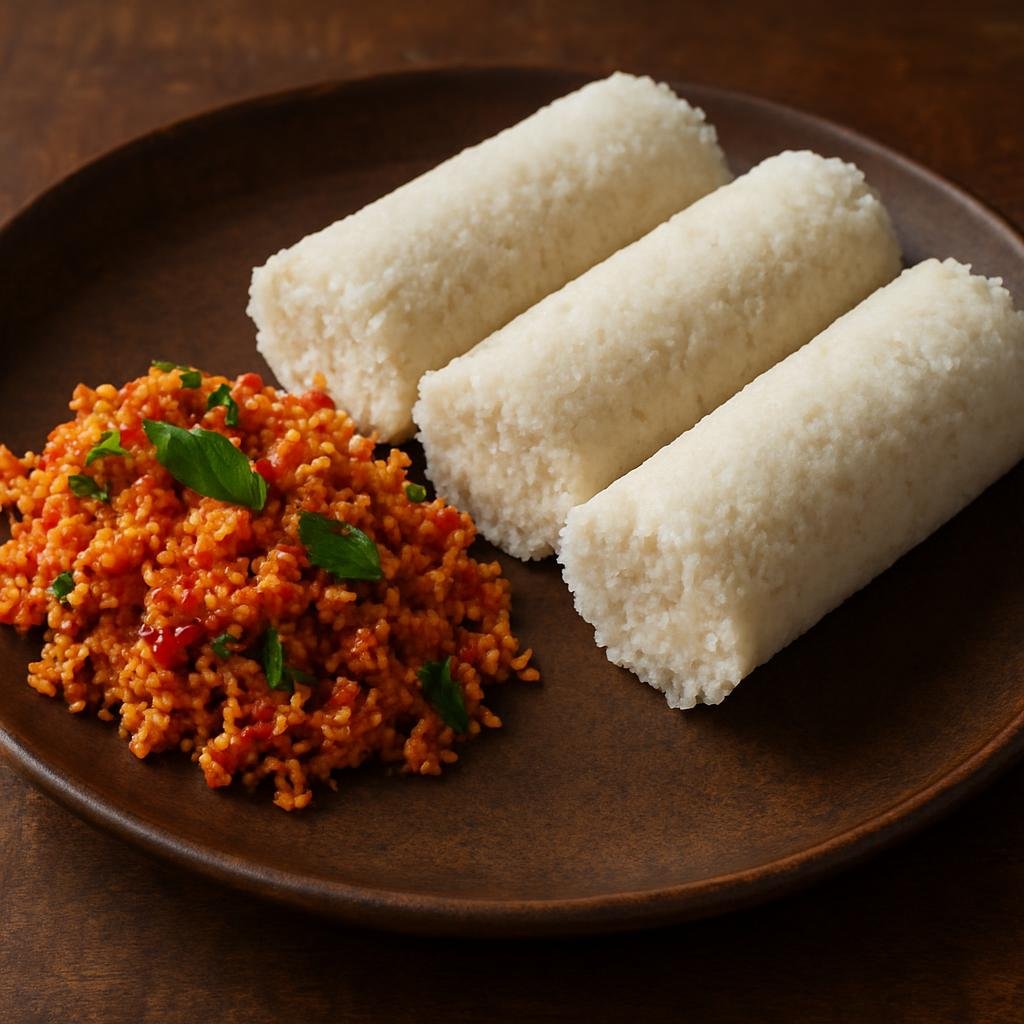 Entree: Sri Lanka – Colombo & Western Sri Lanka – පිට්ටු සහ පොල් සම්බෝල් ➤ Pittu saha Pol Sambol (Steamed cylinders of seasoned rice flour served with a spicy fresh grated coconut relish) recipe