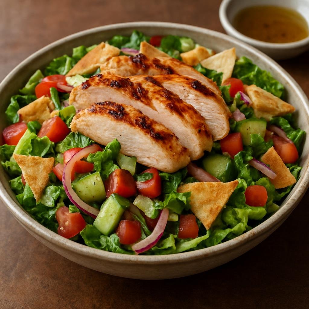 Entree: Syria – Aleppo – فتوش بالدجاج ➤ Fattoush bil-dajaj (Levantine chopped vegetable salad with toasted pita and grilled chicken) recipe