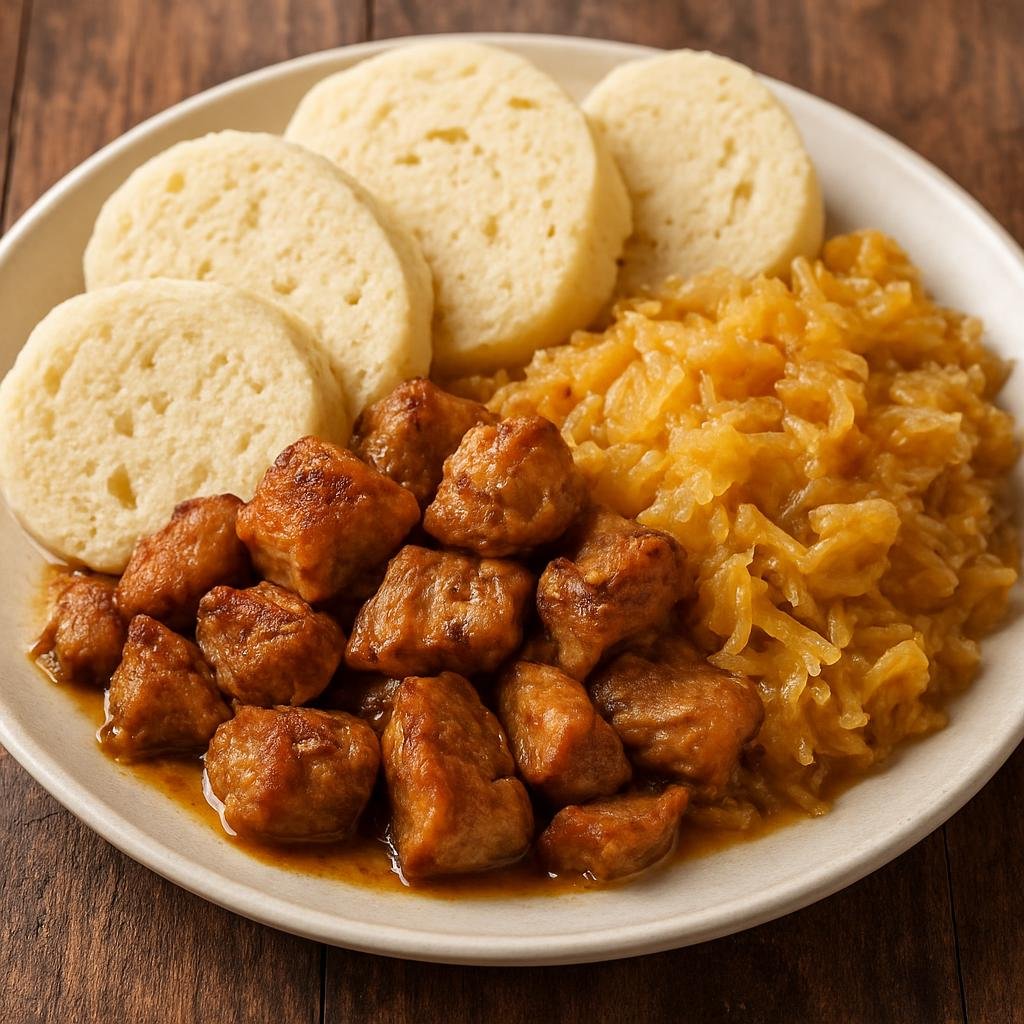 Entree: Czechia – Bohemia – Moravský vrabec (Roast pork pieces with caraway served with bread dumplings and braised cabbage) recipe