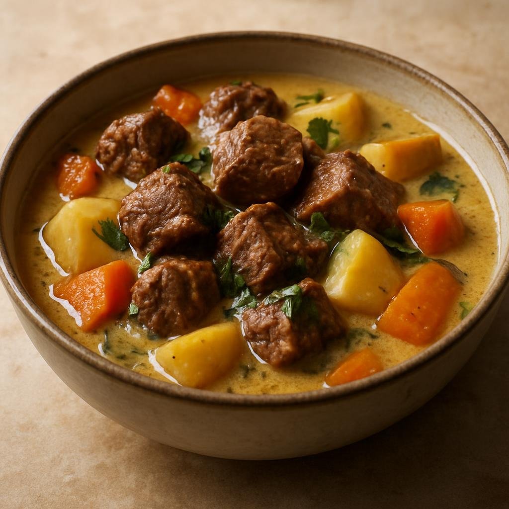 Entree: French Polynesia – Central Culinary Region – Tahitian Beef Stew (Island-style beef stew simmered in coconut milk with root vegetables and island aromatics) recipe