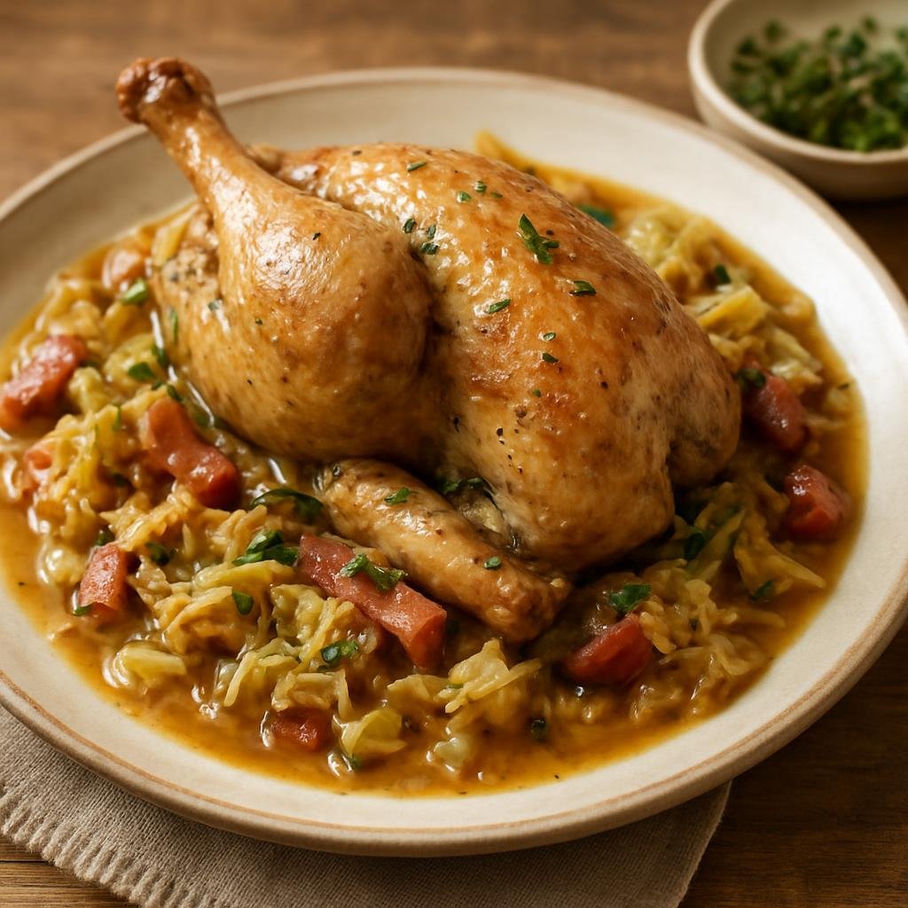 Entree: French Southern Territories – Central Culinary Region – Pintade aux Choux (Braised guinea fowl cooked with cabbage, bacon, white wine, and aromatic herbs) recipe