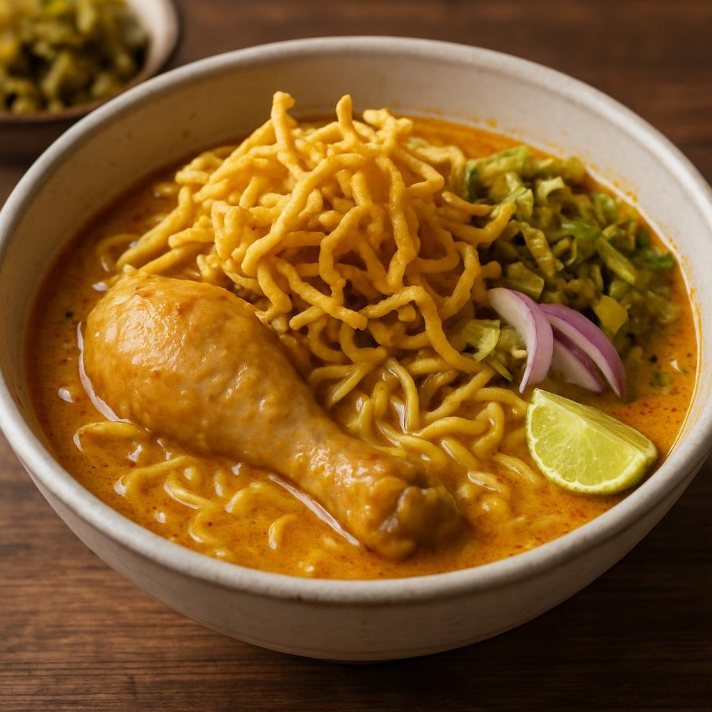 Entree: Laos – Lao Isan Border Cuisine – ເຂົ້າຊ້ອຍ ➤ Khao Soi Lao (Lao-style curry coconut noodle soup with tender chicken and tangy garnishes) recipe