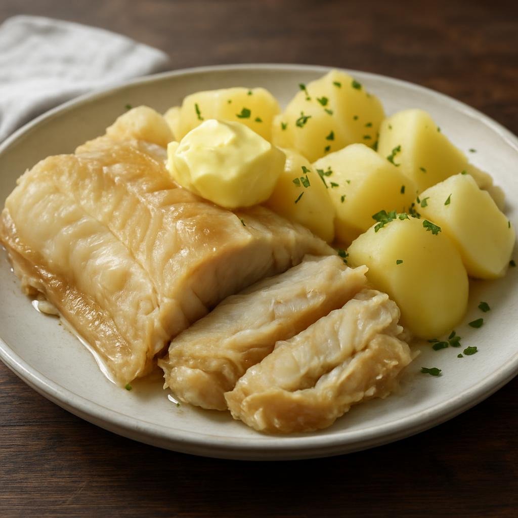 Entree: Norway – Northern Norway – Tørrfisk (Air-dried cod traditionally rehydrated and served with potatoes and butter) recipe