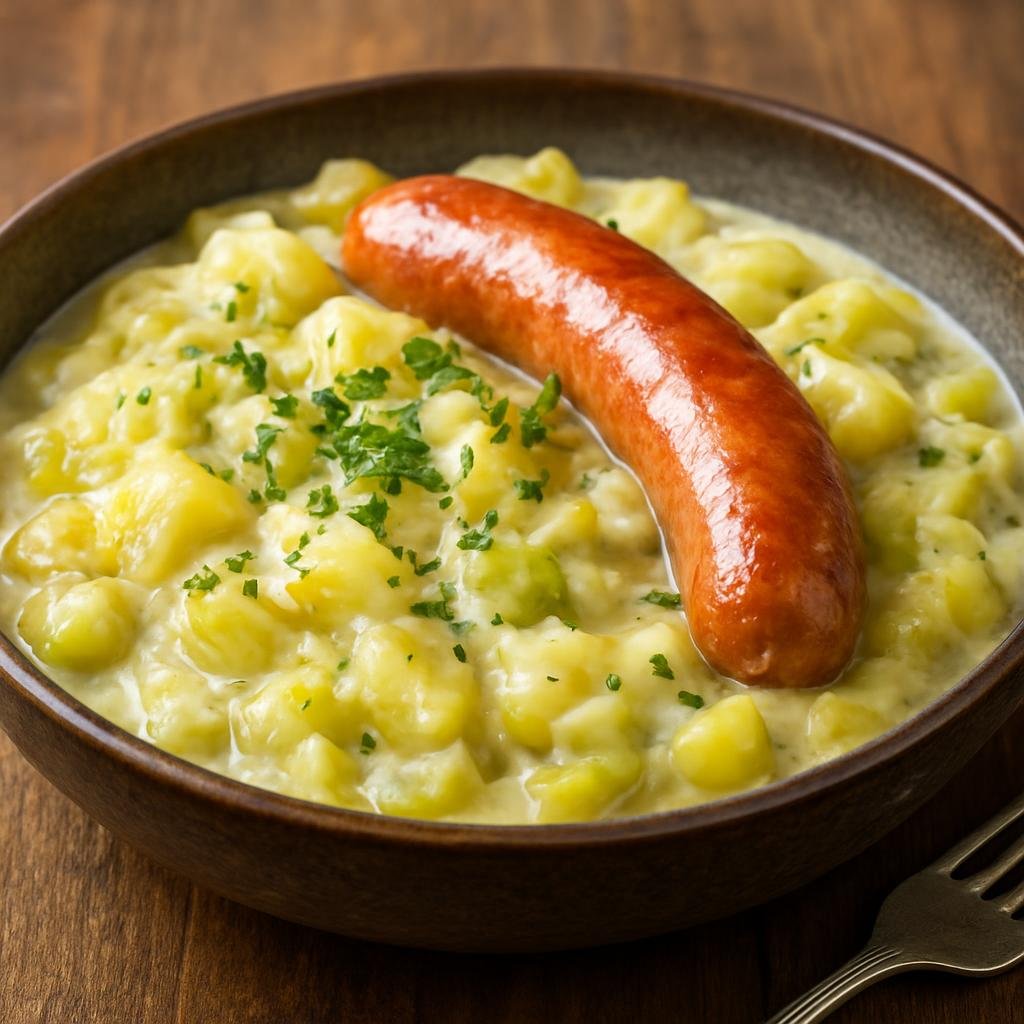Entree: Switzerland – Alpine Switzerland – Papet Vaudois (Creamy leek-and-potato stew traditionally served with smoked pork sausage) recipe