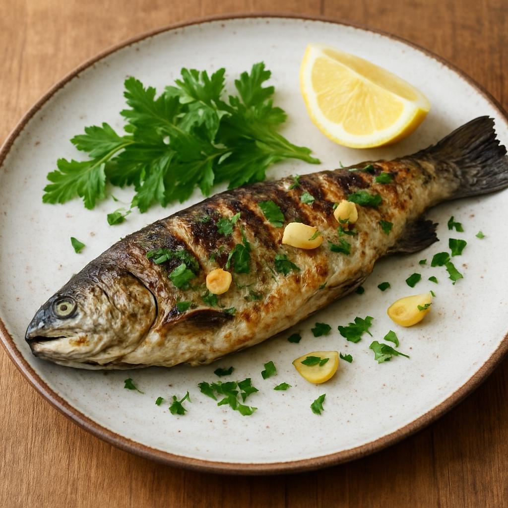 Entree: Montenegro – National Cuisine – Pastrmka na žaru (Grilled whole freshwater trout seasoned simply with garlic, lemon, and parsley) recipe