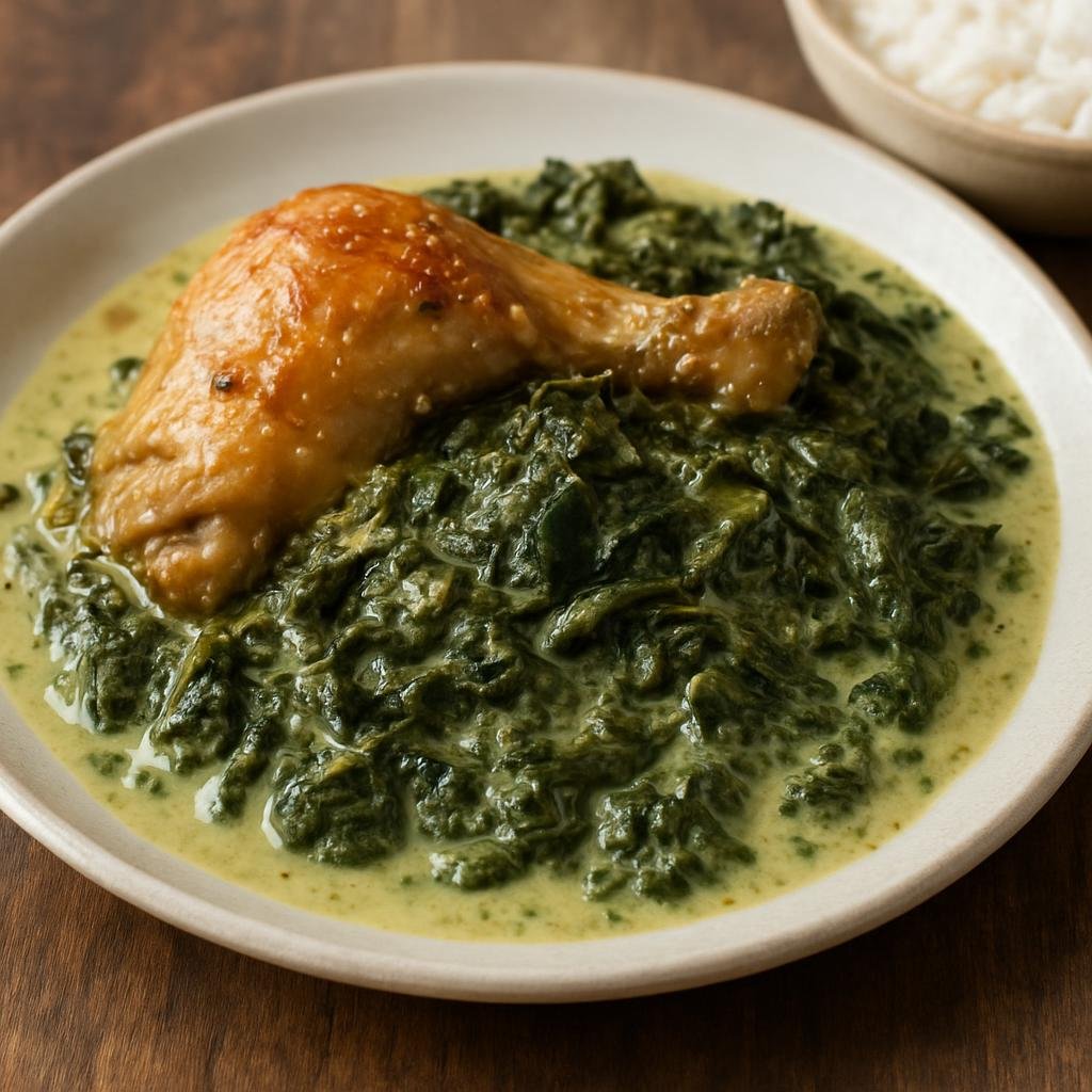 Entree: New Caledonia – National Cuisine – Poulet Fafa (Chicken stewed with taro leaves in coconut milk) recipe