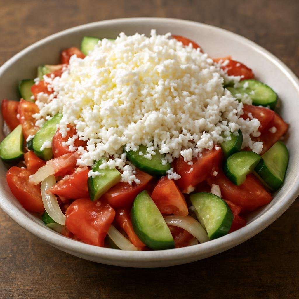 Entree: North Macedonia – National Cuisine – Шопска салата ➤ Šopska salata (Cold chopped salad of tomatoes, cucumbers, peppers and onions topped with grated white brined cheese) recipe
