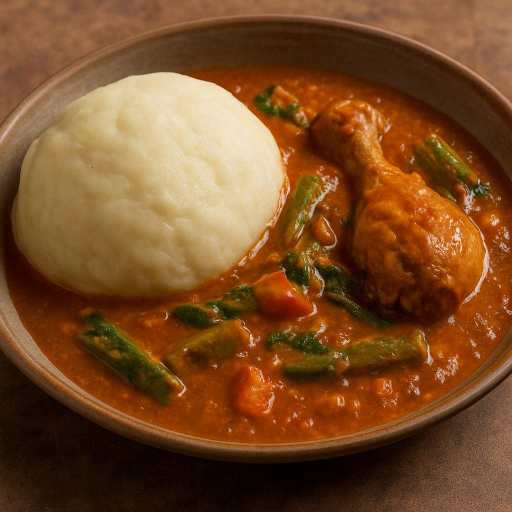 Entree: Sierra Leone – National Cuisine – Fufu and Soup (Starchy cassava fufu served with a flavorful Sierra Leonean peanut based soup with chicken and vegetables) recipe