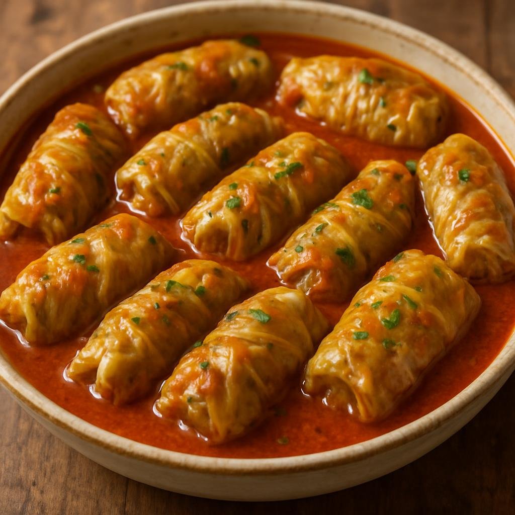 Entree: Turkmenistan – National Cuisine – Kelem Dolmasy (Turkmen stuffed cabbage rolls filled with a savory mix of ground lamb, rice, onions, herbs, and spices, simmered in a tomato-broth) recipe