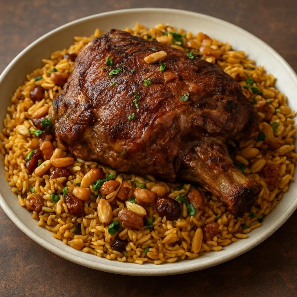 Entree: United Arab Emirates – National Cuisine – خوزي ➤ Khūzī (Slow-roasted spiced lamb served over fragrant spiced rice with nuts and dried fruit) recipe