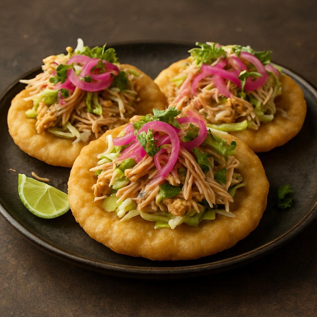 Entree: Belize – Salbutes (Puffy fried corn tortillas topped with shredded chicken or turkey, cabbage, pickled onions, and fresh garnishes) recipe