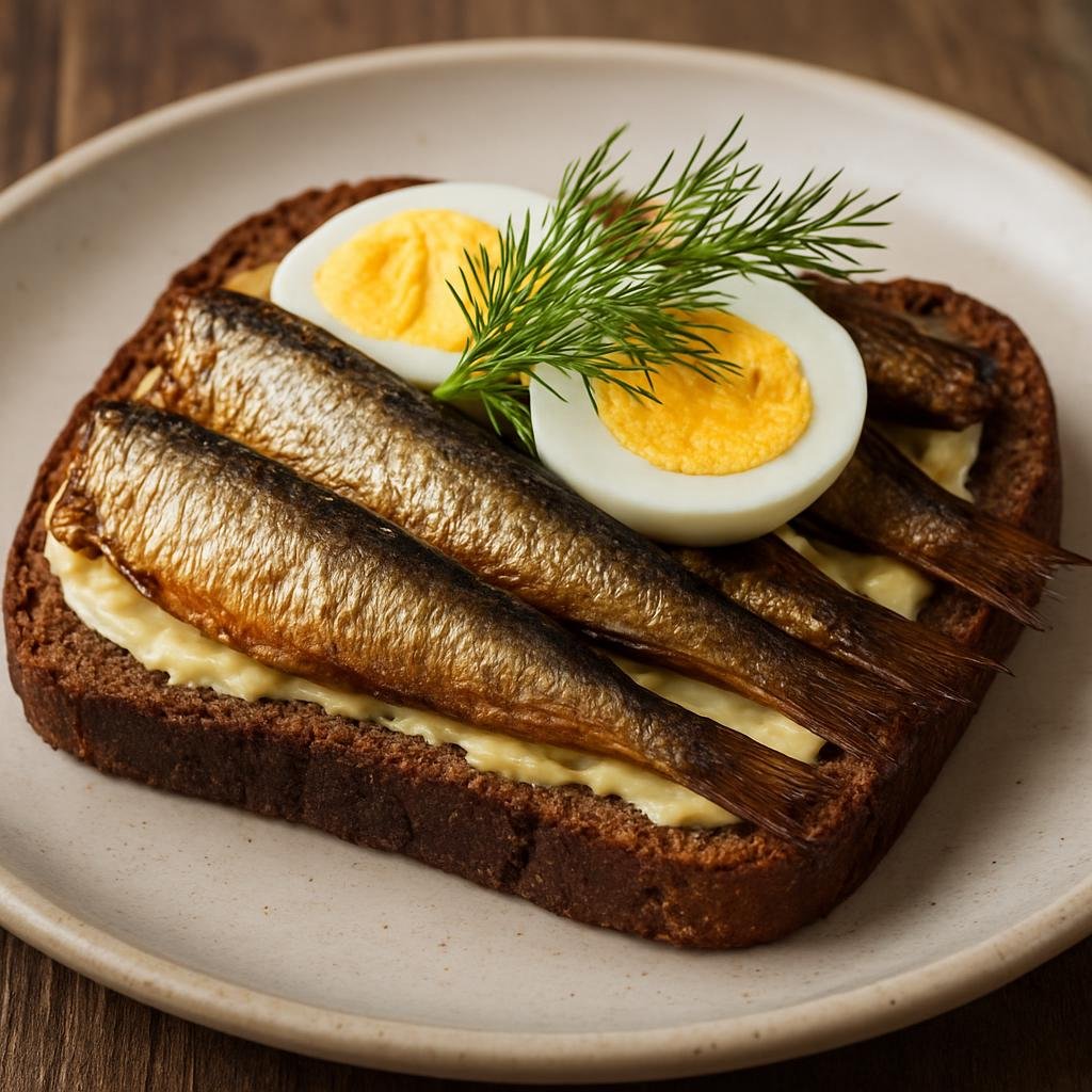 Entree: Estonia – Central Culinary Region – Kiluvõileib (Open-faced buttered dark rye sandwich topped with Baltic sprats, sliced hard-boiled egg, and fresh dill) recipe