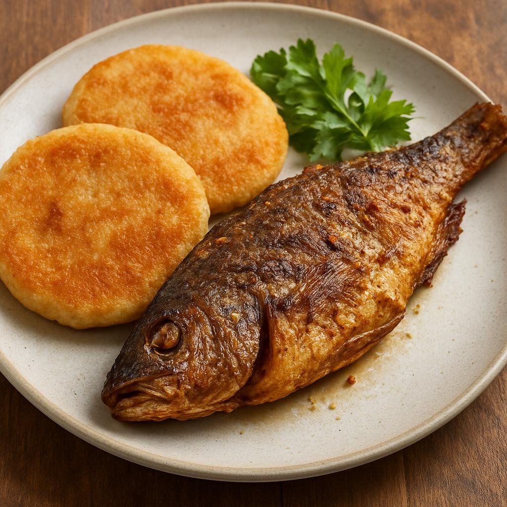 Entree: Jamaica – Bammy and Fish (Traditional Jamaican cassava flatbreads served with seasoned fried fish) recipe