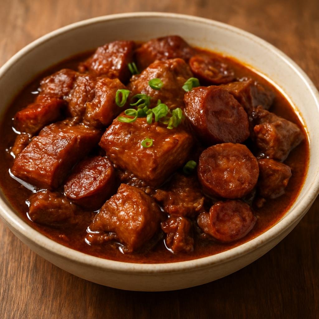 Entree: Macau – Porco Bafassá (Slow-braised Macanese pork in a tangy-spiced sauce with shrimp paste and chouriço) recipe